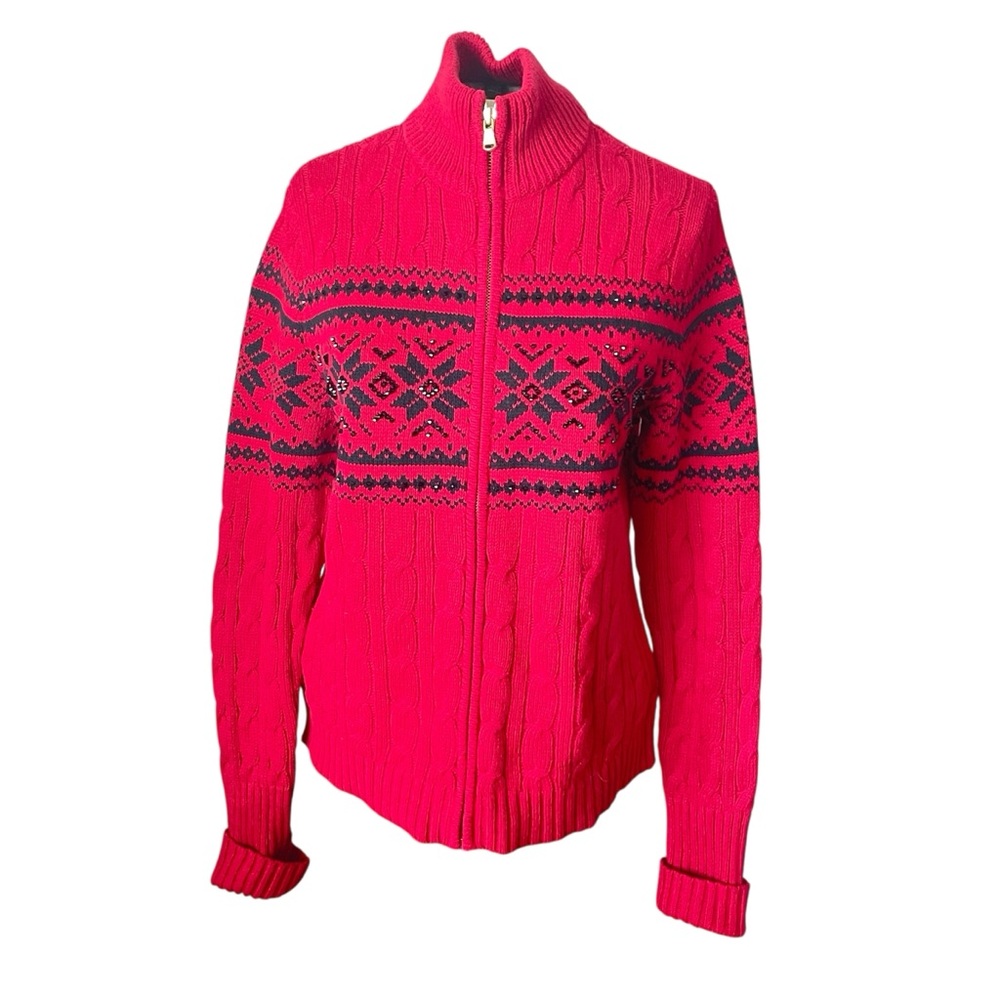 Lauren Ralph Lauren Red Beaded Preppy Vintage Y2K Cardigan Sweater Size Medium P